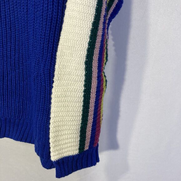TRUE CRAFT white blue multicolor stripe color block crew neck pullover sweater M - Picture 5 of 11